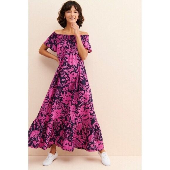 Anthropologie XS Arielle Sleep Maxi Dress Pink Navy Pockets Boho - Picture 7 of 11